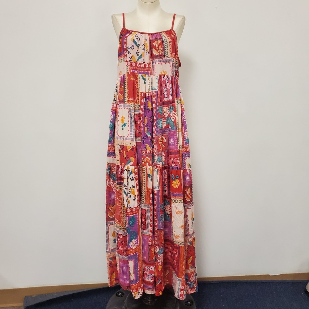 Angie Oversized Tiered Fruit Print Maxi Dress Size M Granola Rayon Boho Market